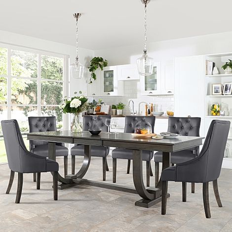 Pavilion Extending Dining Table & 6 Duke Chairs, Grey Oak Veneer & Solid Hardwood, Grey Classic Faux Leather & Grey Solid Hardwood, 180-225cm
