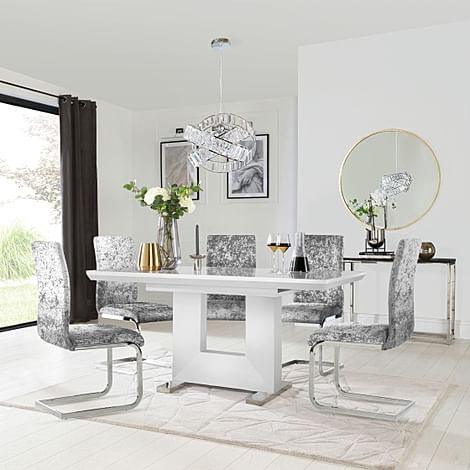 Florence White High Gloss Extending Dining Table with 4 Perth Silver Crushed Velvet Chairs