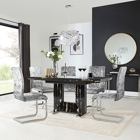 Florence Extending Dining Table & 4 Perth Chairs, Black Marble Effect, Silver Crushed Velvet & Chrome, 120-160cm