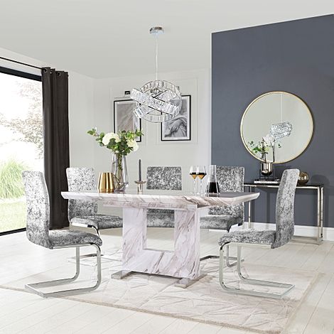 Florence Extending Dining Table & 4 Perth Chairs, Grey Marble Effect, Silver Crushed Velvet & Chrome, 120-160cm