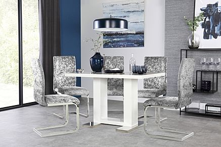 Joule White High Gloss Dining Table with 4 Perth Silver Crushed Velvet Chairs