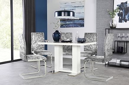 Joule Dining Table & 4 Perth Chairs, White High Gloss, Silver Crushed Velvet & Chrome, 120cm