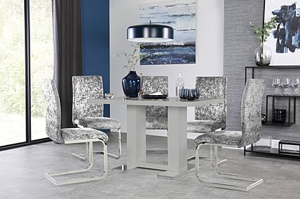 Joule Grey High Gloss Dining Table with 6 Perth Silver Crushed Velvet Chairs