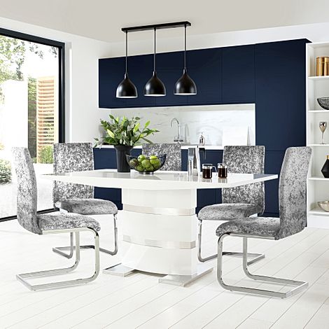 Komoro White High Gloss Dining Table with 6 Perth Silver Crushed Velvet Chairs