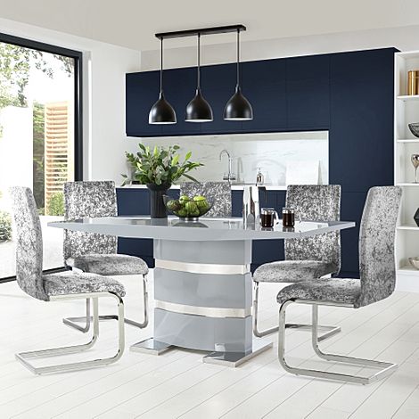 Komoro Grey High Gloss Dining Table with 4 Perth Silver Crushed Velvet Chairs