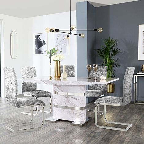 Komoro Dining Table & 4 Perth Chairs, Grey Marble Effect & Chrome, Silver Crushed Velvet, 160cm