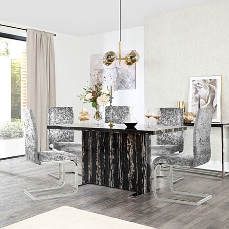 Magnus Black Marble Dining Table with 4 Perth Silver Crushed Velvet Chairs