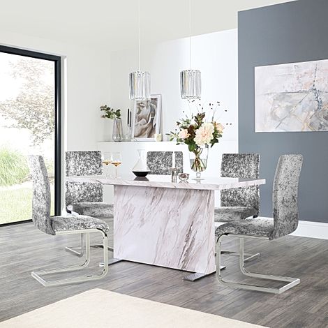Magnus Grey Marble Dining Table with 4 Perth Silver Crushed Velvet Chairs