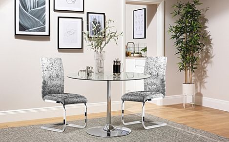 Orbit Round Chrome and Glass Dining Table with 2 Perth Silver Crushed Velvet Chairs