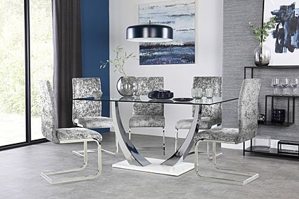 Peake Glass and Chrome Dining Table (White Gloss Base) with 4 Perth Silver Crushed Velvet Chairs