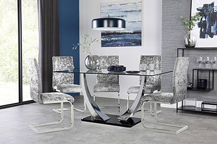 Peake Glass and Chrome Dining Table (Black Gloss Base) with 6 Perth Silver Crushed Velvet Chairs