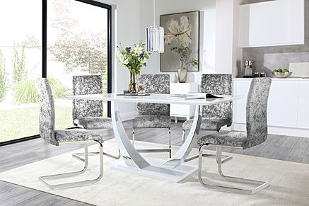 Peake White High Gloss and Chrome Dining Table with 4 Perth Silver Crushed Velvet Chairs