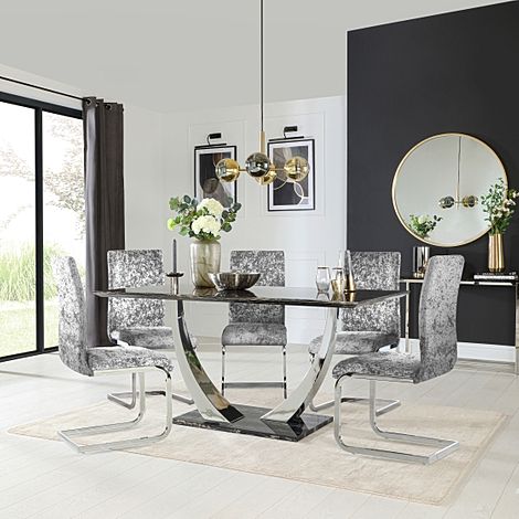 Peake Black Marble and Chrome Dining Table with 4 Perth Silver Crushed Velvet Chairs