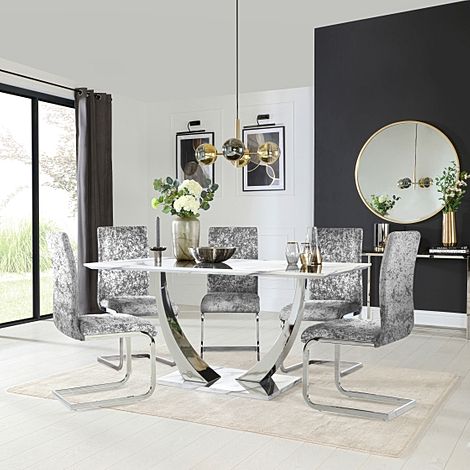 Peake Dining Table & 4 Perth Chairs, White Marble Effect & Chrome, Silver Crushed Velvet, 160cm