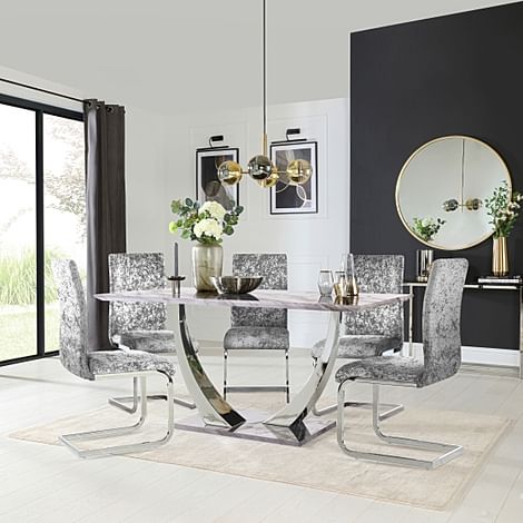 Peake Grey Marble and Chrome Dining Table with 4 Perth Silver Crushed Velvet Chairs