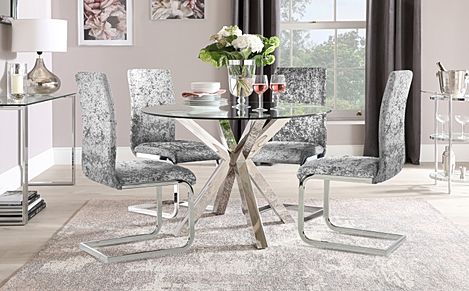 Plaza Round Dining Table & 4 Perth Chairs, Glass & Chrome, Silver Crushed Velvet, 110cm