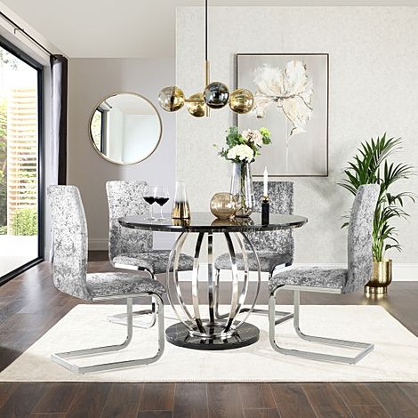 Savoy Round Black Marble and Chrome Dining Table with 4 Perth Silver Crushed Velvet Chairs