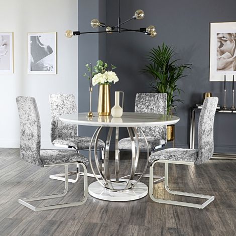Savoy Round White Marble and Chrome Dining Table with 4 Perth Silver Crushed Velvet Chairs