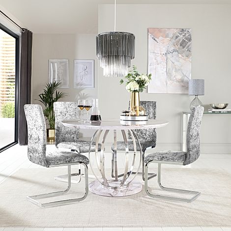 Savoy Round Dining Table & 4 Perth Chairs, Grey Marble Effect & Chrome, Silver Crushed Velvet, 120cm