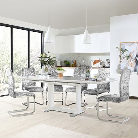 Tokyo White High Gloss Extending Dining Table with 4 Perth Silver Crushed Velvet Chairs