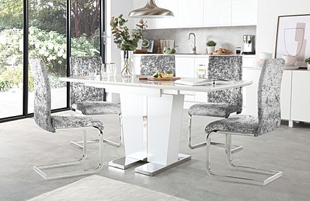 Vienna White High Gloss Extending Dining Table with 4 Perth Silver Crushed Velvet Chairs