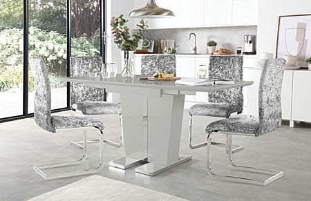 Vienna Grey High Gloss Extending Dining Table with 4 Perth Silver Crushed Velvet Chairs