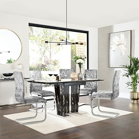Vienna Black Marble Extending Dining Table with 4 Perth Silver Crushed Velvet Chairs