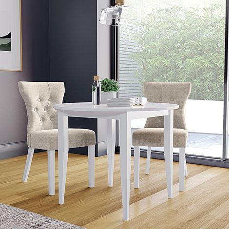 Finley Round White Dining Table with 2 Bewley Oatmeal Fabric Chairs