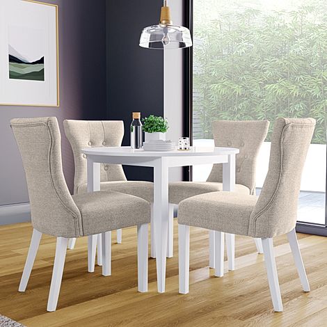 Finley Round White Dining Table with 4 Bewley Oatmeal Fabric Chairs