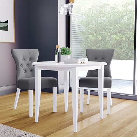 Finley Round White Dining Table with 2 Bewley Grey Leather Chairs