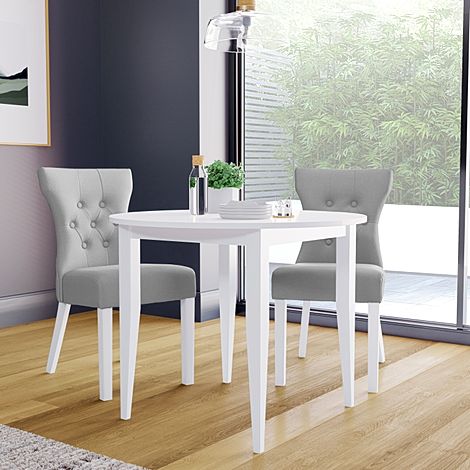 Finley Round White Dining Table with 2 Bewley Light Grey Leather Chairs