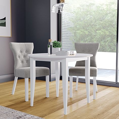 Finley Round White Dining Table with 2 Bewley Light Grey Fabric Chairs