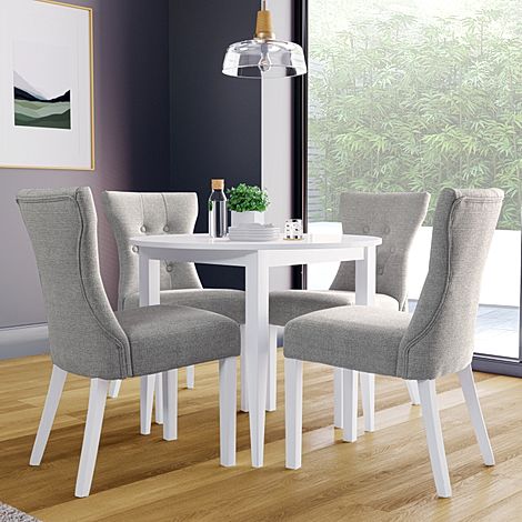 Finley Round White Dining Table with 4 Bewley Light Grey Fabric Chairs