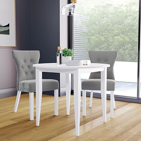 Finley Round White Dining Table with 2 Bewley Grey Velvet Chairs