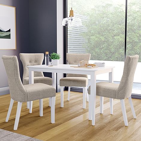 Finley White Dining Table with 4 Bewley Oatmeal Fabric Chairs