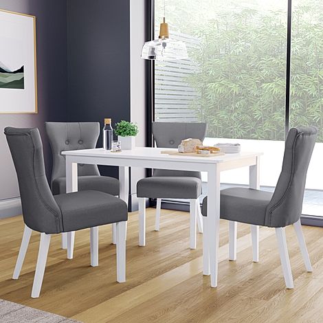 Finley White Dining Table with 4 Bewley Grey Leather Chairs