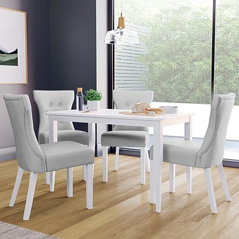 Finley White Dining Table with 4 Bewley Light Grey Leather Chairs