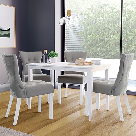 Finley White Dining Table with 4 Bewley Grey Velvet Chairs