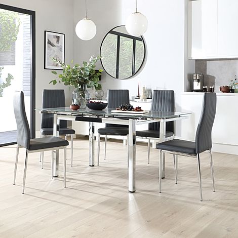 Space Chrome and Grey Glass Extending Dining Table with 4 Leon Grey Leather Chairs