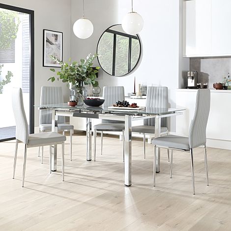 Space Chrome and Grey Glass Extending Dining Table with 4 Leon Light Grey Leather Chairs