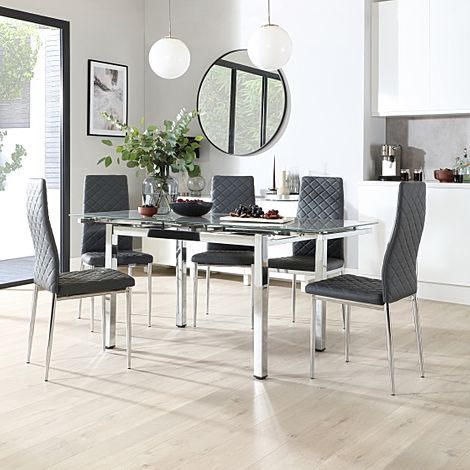 Space Chrome and Grey Glass Extending Dining Table with 4 Renzo Grey Leather Chairs