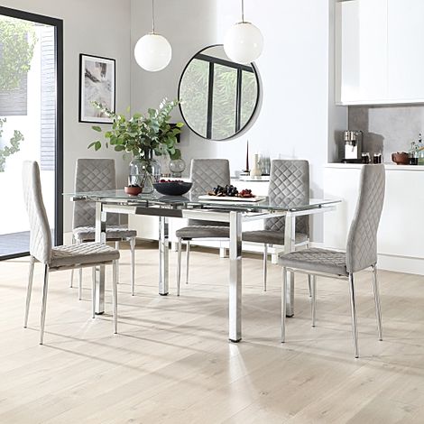 Space Chrome and Grey Glass Extending Dining Table with 4 Renzo Grey Velvet Chairs