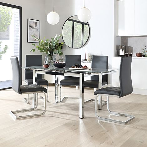 Space Chrome and Grey Glass Extending Dining Table with 4 Perth Grey Leather Chairs