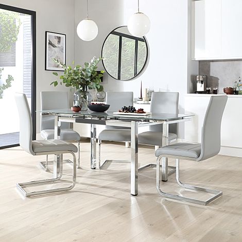 Space Chrome and Grey Glass Extending Dining Table with 6 Perth Light Grey Leather Chairs