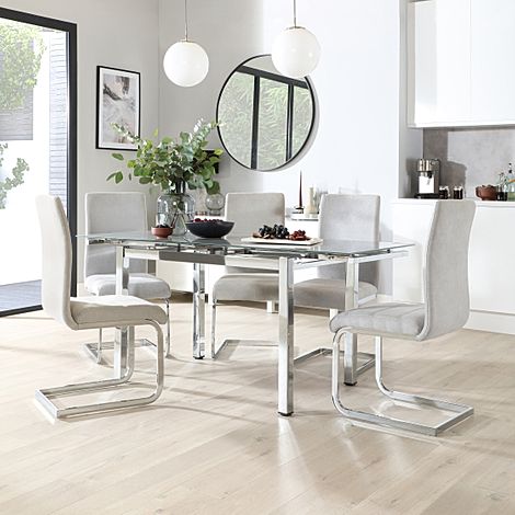 Space Chrome and Grey Glass Extending Dining Table with 4 Perth Dove Grey Fabric Chairs