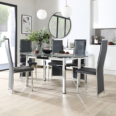 Space Chrome and Grey Glass Extending Dining Table with 4 Celeste Grey Leather Chairs