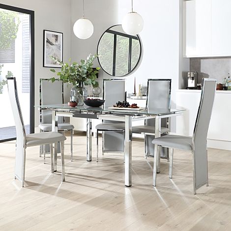 Space Chrome and Grey Glass Extending Dining Table with 4 Celeste Light Grey Leather Chairs