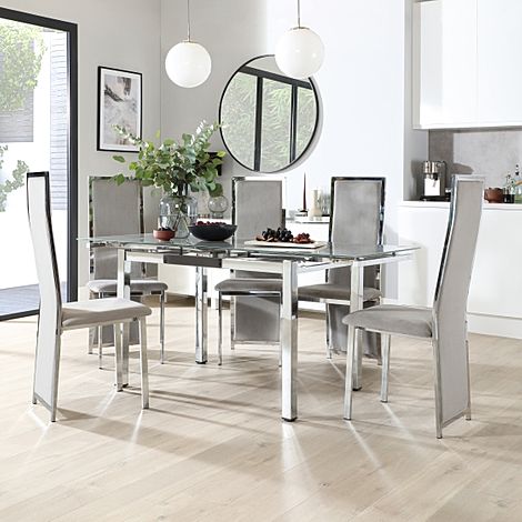 Space Chrome and Grey Glass Extending Dining Table with 4 Celeste Grey Velvet Chairs