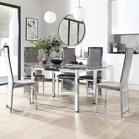 Space Chrome and Grey Glass Extending Dining Table with 6 Celeste Silver Velvet Chairs