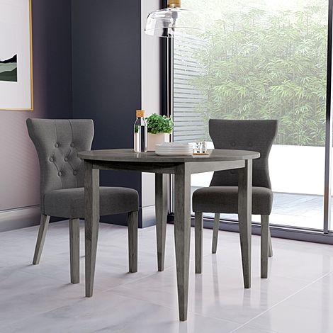 Finley Round Grey Wood Dining Table with 2 Bewley Slate Fabric Dining Chairs